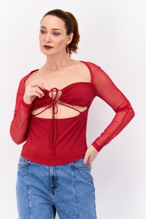Calvin Klein Jeans Women Tie Neck Long Sleeves Plain Blouse, Red
