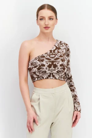 Collusion Women Asymmetrical Neck One Shoulder Crop Top, Brown