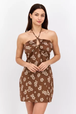 Daisy Street Women Floral Print Mini Dress, Brown