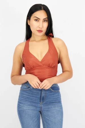 Ei8th Hour Women Halter Neck Sleeveless Solid Crop Top – Brown