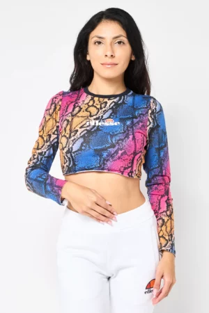Ellesse Women Round Neck Long Sleeve Allover Print Crop Top, Multicolor