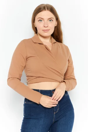 Femme Luxe Women Notch Collar Long Sleeve Textured Blazer Cropped Top, Tan
