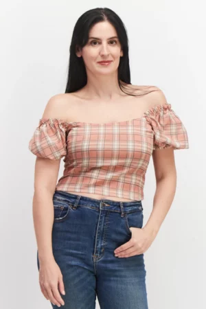 Heartbreak Women Off Shoulder Short Sleeve Plaid Cropped Top – Peach