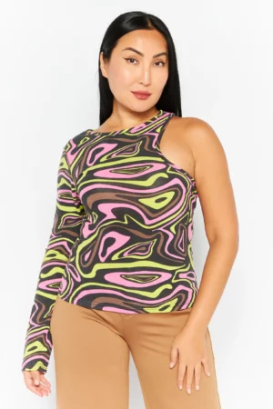 Heartbreak Women Round Neck One Shoulder Abstract Print Top, Black