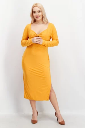 I Saw It First Women Keyhole Neck Long Sleeve Plain Midi Dress, Orange
