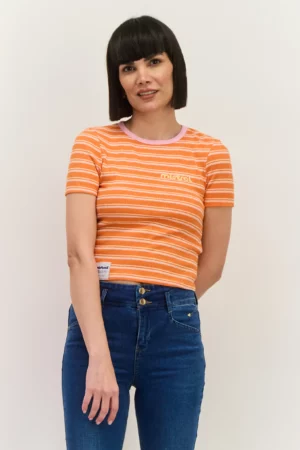 Lefties Women Round Neck Short Sleeve Stripe Top, Orange