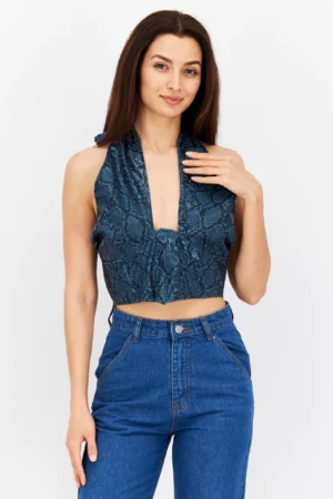 Missguided Women Halter Neck Sleeveless Snakeskin Crop Top – Teal Blue