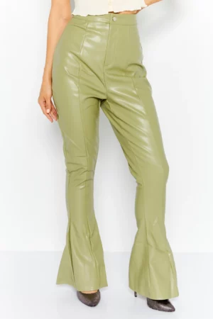 Missguided Women Tall Faux Leather Flare Pants, Khaki