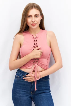 Missguided Women Tie Neck Sleeveless Solid Cropped Top, Pink