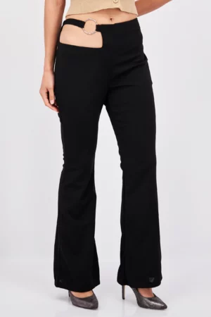 Missy Empire Women Regular Fit Plain Cut-Out Detail Flare Leg Pants, Black