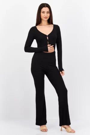 Monki Women Ribbed Long Sleeve Jumpsuit, Black