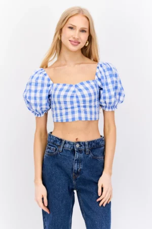 Monki Women Sweetheart Neck Puff Shoulder Checkered Blouse – Blue