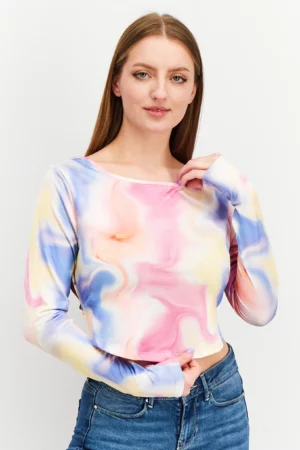 NA-KD Women Boat Neck Long Sleeves Tie Dye Print Tops, Pink