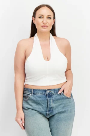 NA-KD Women Halter Neck Sleeveless Ribbed Top – White
