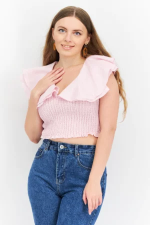 NA-KD Women V-Neck Cap Sleeve Plain Top, Pink