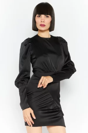 Naanaa Women Solid Mini Satin Dress, Black