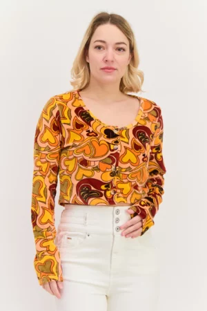 New Girl Order Women Round Neck Long Sleeves Textured Tops, Orange Combo