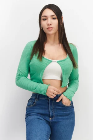New Look Women Boat Neck Long Sleeve Textured Crop Top – Green
