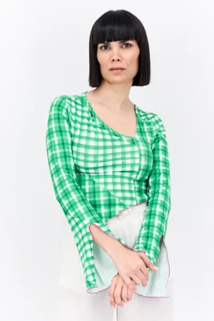 Only Women V-Neck Long Sleeves Checkered Crop Top, Green