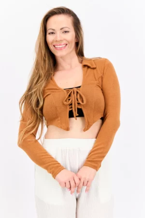 Poof Women Spread Collar Long Sleeve Plain Top, Brown