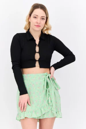 Poof Women Spread Collar Long Sleeve Ribbed Crop Top, Black