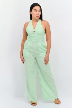 QED London Women Sleeveless Polka Dot Jumpsuit, Light Green