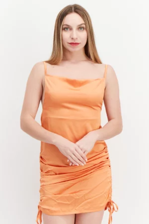 Rebellious Women Ruched Mini Dress, Orange