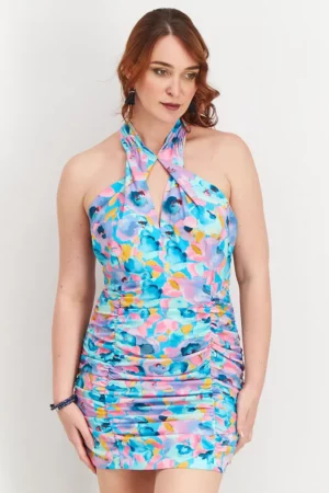 Reserved Women Halter Neckline All Over Print Ruffle Bodycon Dress – Turquoise Combo