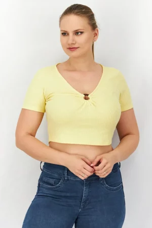 Reserved Women Keyhole Neckline Short Sleeve Textured Crop Top – Yellow