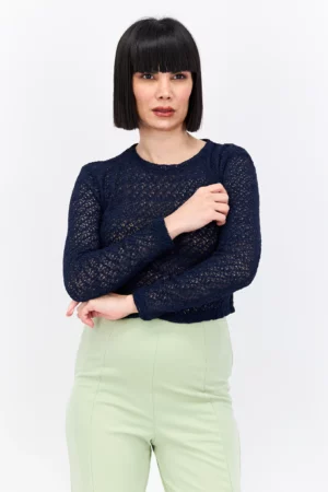 Reserved Women Round Neck Long Sleeves Crochet Blouse, Navy