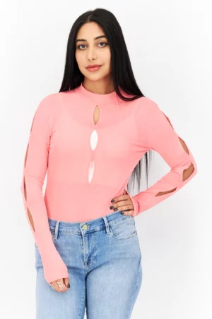 River Island Women Textured Long Sleeve Bodysuit – Pink
