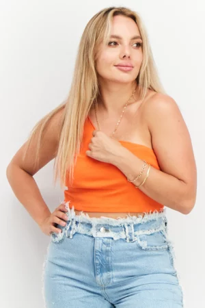 Sinsay Women Asymmetrical Neck One Sleeves Textured Crop Top – Orange