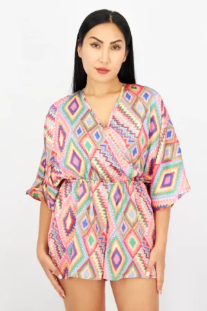 Sinsay Women Geometric Print Sleeveless Playsuit, Pink Combo