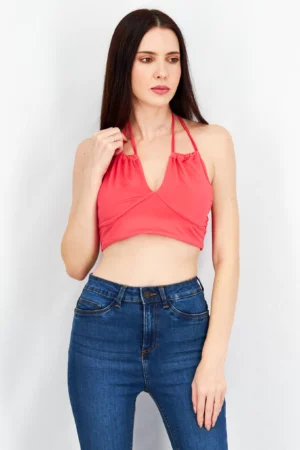 Sinsay Women Halter Neck Sleeveless Open Back Crop Top, Hot Pink