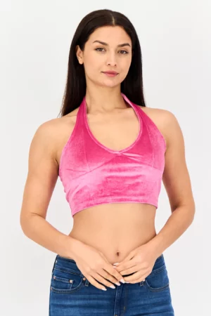 Sinsay Women Halter Neck Sleeveless Solid Crop Top, Pink
