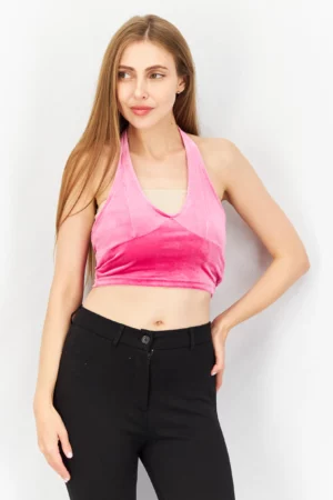 Sinsay Women Halter Neck Sleeveless Textured Crop Top, Pink