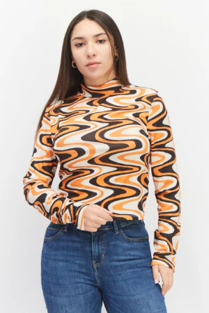 Sinsay Women High Neck Long Sleeve Allover Print Blouse, Orange Combo