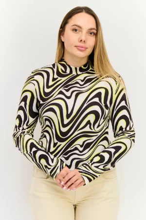 Sinsay Women High Neck Long Sleeve Allover Print Tops, Multicolor