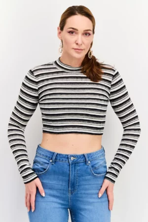 Sinsay Women Mock Neck Long Sleeve Stripe Top, Black Combo