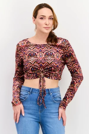 Sinsay Women Round Neck Long Sleeve Allover Print Crop Top, Red Combo