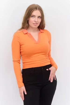 Sinsay Women Spread Collar Long Sleeve Textured Top, Orange
