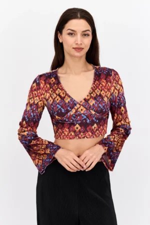 Sinsay Women V-Neck Long Sleeves Printed Crop Top, Maroon