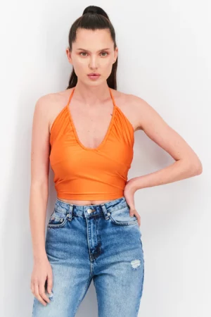 Sinsay Women V Neck Sleeveless Plain Crop Top, Orange