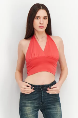 Sinsay Women V Neck Sleeveless Plain Crop Top, Pink