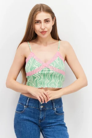 Sinsay Women V Neck Sleeveless Textured Crop Top, Green Combo