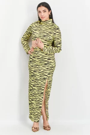 Unique21 Women Cut Out Zebra Print Maxi Dress, Lime Green