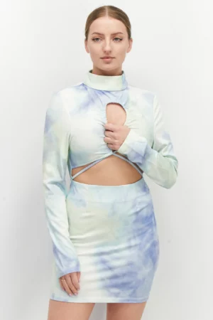 Unique21 Women Cutout Back Details Long-Sleeve Tie Dye Mini Dress – Mint