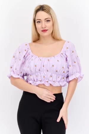 Urban Threads Women Round Neck Short Sleeve Floral Crop Top, Lilac