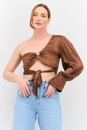 Violet Romance Women Asymmetrical Neck One Shoulder Sleeves Ring Detail Crop Top – Brown