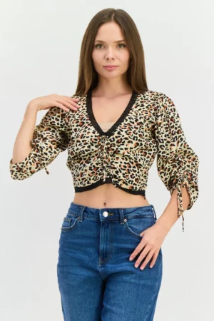 Wednesday's Girl Women V Neck Puff Sleeve Leopard Print Top, Brown Combo